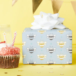 Smiling Honey Bees Blue Wrapping Paper