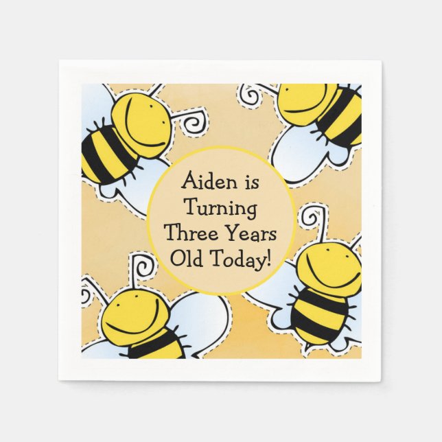 Smiling Honey Bees Custom Birthday Napkin (Front)