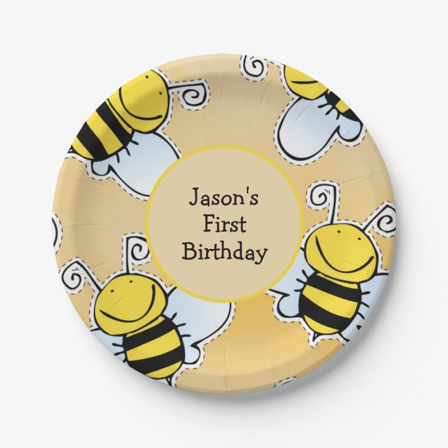 Smiling Honey Bees First Birthday Party Paper Plate (Front)