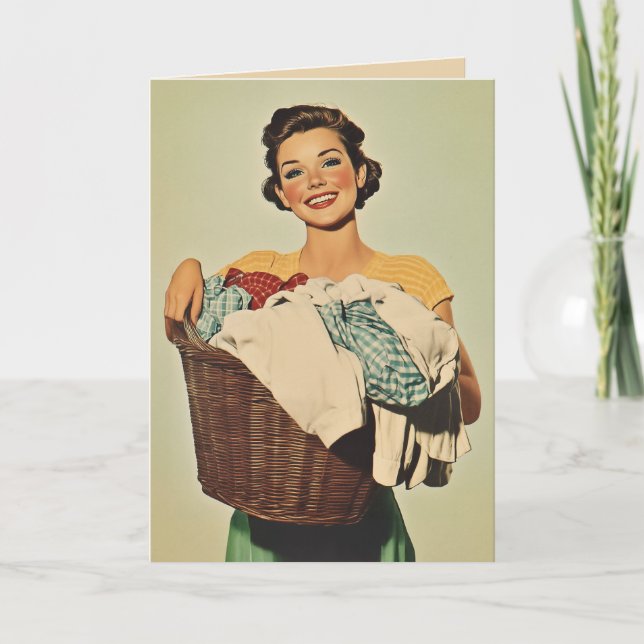 Smiling Housewife with Laundry Basket Invitation (Front)