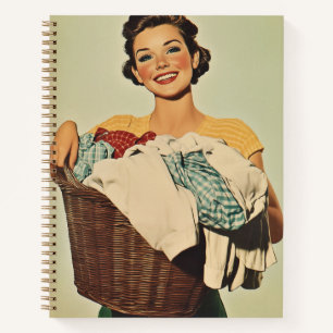 Smiling Housewife with Laundry Basket Notebook