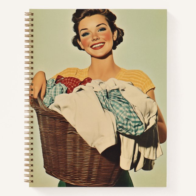 Smiling Housewife with Laundry Basket Notebook (Front)