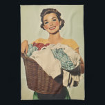 Smiling Housewife with Laundry Basket Tea Towel<br><div class="desc">A cheerful,  vintage-style illustration of a woman holding a laundry basket filled with clothes. Her radiant smile,  bright makeup,  and neatly styled hair evoke the aesthetics of mid-20th century advertising,  often associated with domestic bliss and homemaking.</div>