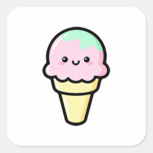 Smiling Ice Cream – Cute Kawaii Illustration Square Sticker