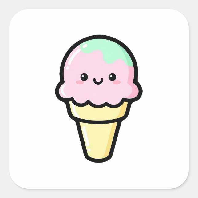 Smiling Ice Cream – Cute Kawaii Illustration Square Sticker (Front)