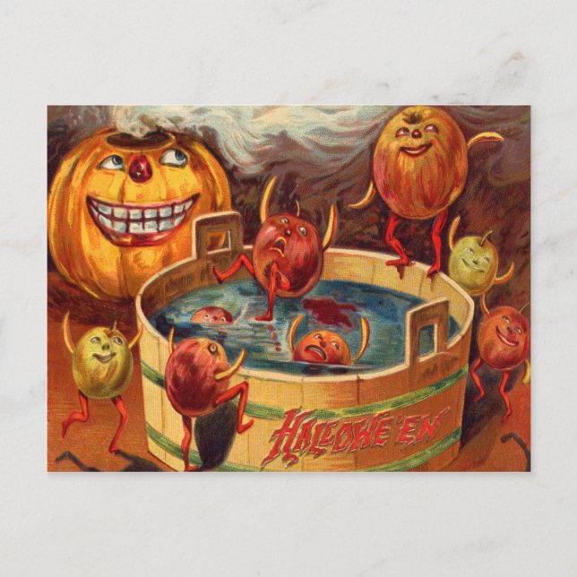 Smiling Jack O' Lantern Pumpkin Apple Postcard (Front)