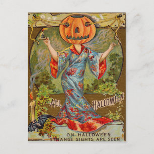 Smiling Jack O' Lantern Pumpkin Bat Postcard