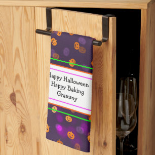 Smiling Jack o Lantern Pumpkins Bokeh Pattern Tea Towel