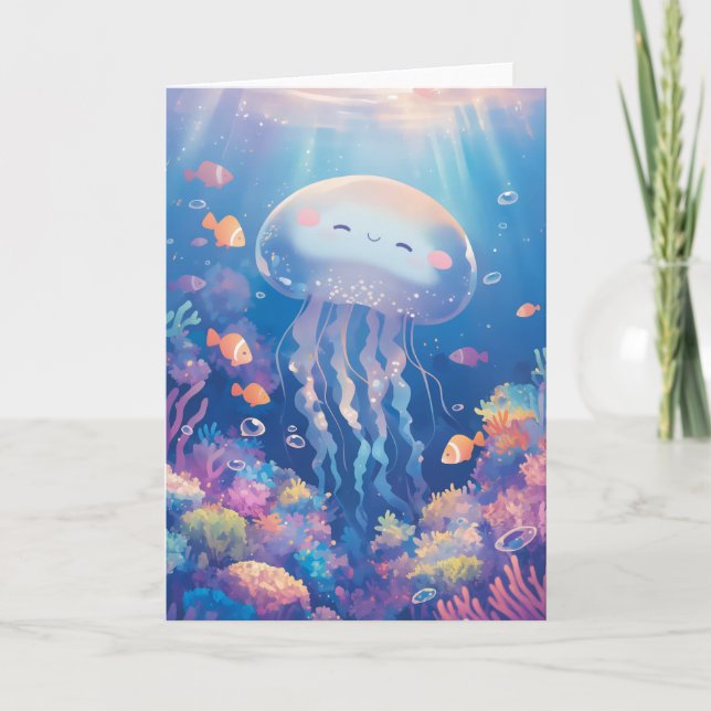 Smiling Jellyfish in a Vibrant Reef Card (Front)