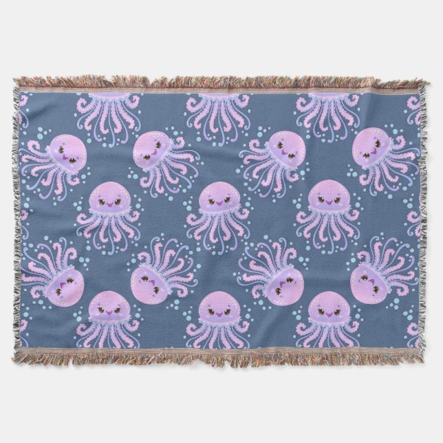 Smiling Jellyfish Ocean Pattern For Kids Decor Throw Blanket (Front)