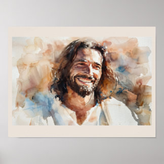 Smiling Jesus Watercolor Portrait | Christian Art Poster