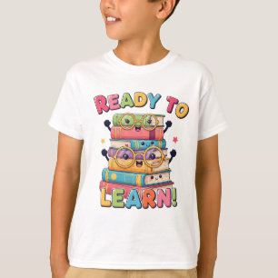 Smiling Kawaii Book Stack – Back to School Fun! T-Shirt