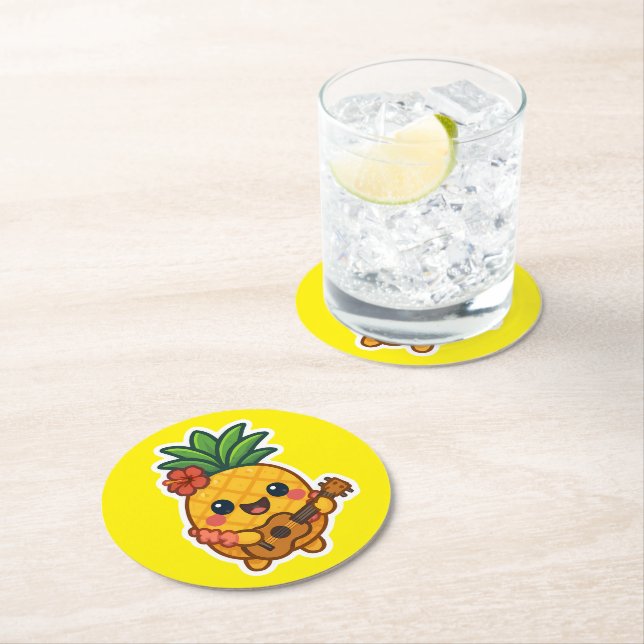 Smiling Kawaii Pineapple – Tropical Round Paper Coaster (Insitu)