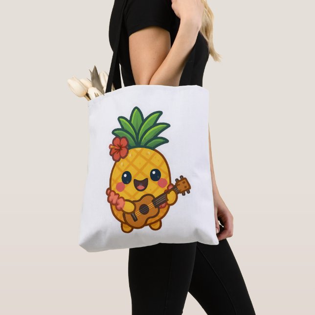 Smiling Kawaii Pineapple – Tropical Tote Bag (Close Up)