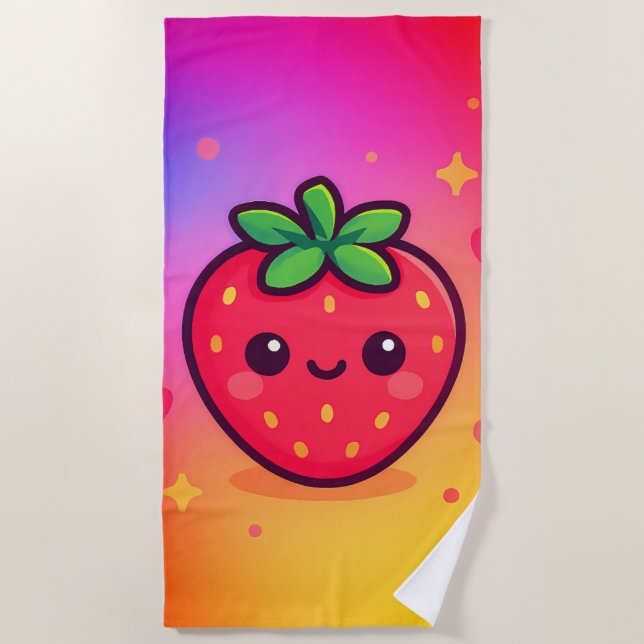 Smiling Kawaii Strawberry on Pastel Gradient Backg Beach Towel (Front)