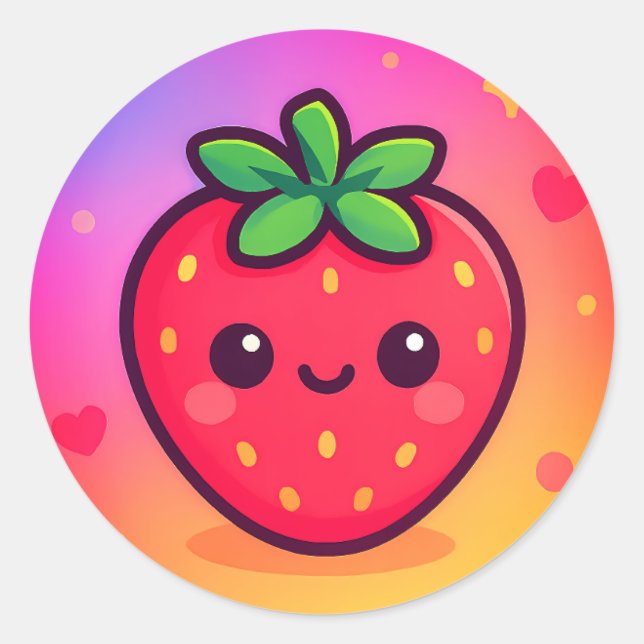 Smiling Kawaii Strawberry on Pastel Gradient Backg Classic Round Sticker (Front)