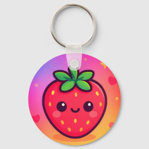 Smiling Kawaii Strawberry on Pastel Gradient Backg Key Ring