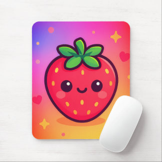Smiling Kawaii Strawberry on Pastel Gradient Backg Mouse Pad
