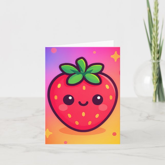 Smiling Kawaii Strawberry on Pastel Gradient Backg Note Card (Front)