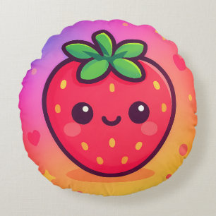 Smiling Kawaii Strawberry on Pastel Gradient Backg Round Cushion