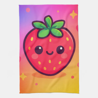 Smiling Kawaii Strawberry on Pastel Gradient Backg Tea Towel