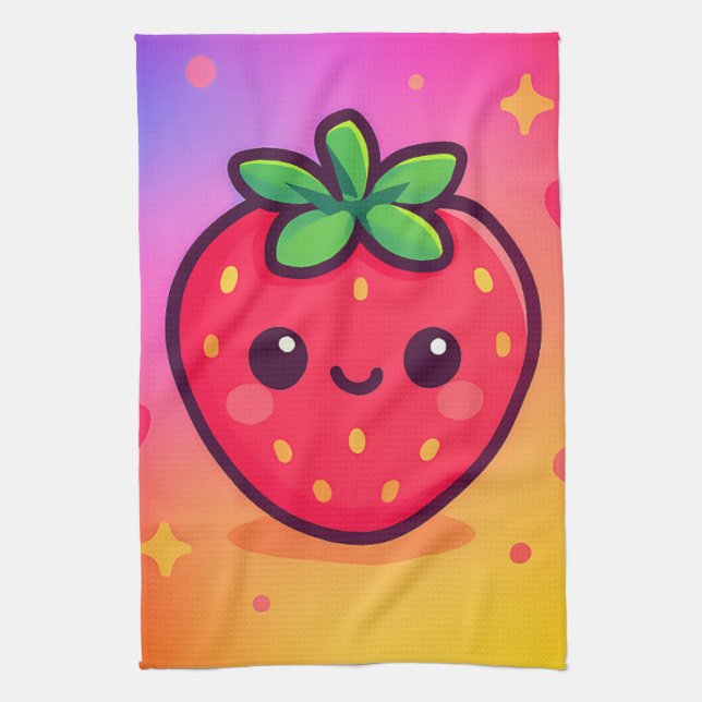 Smiling Kawaii Strawberry on Pastel Gradient Backg Tea Towel (Vertical)