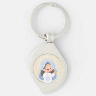 Smiling Kawaii Virgin Mary with Flower – Beige Key Ring