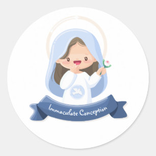 Smiling Kawaii Virgin Mary with Flower – White Classic Round Sticker