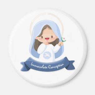 Smiling Kawaii Virgin Mary with Flower – White Magnet