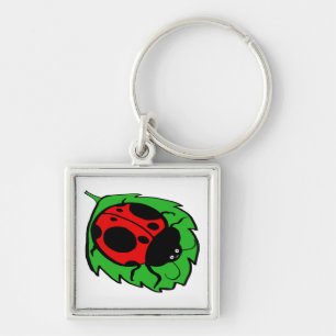 Smiling Ladybug on a Green Leaf Key Ring