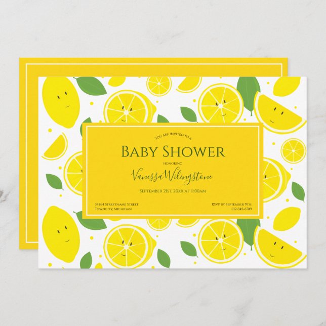 Smiling Lemons Yellow White Green Baby Shower Invitation (Front/Back)
