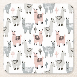 Smiling Llamas Pattern Square Paper Coaster