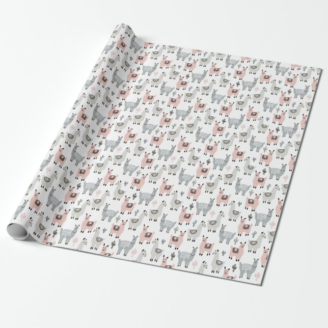 Smiling Llamas Pattern Wrapping Paper (Unrolled)