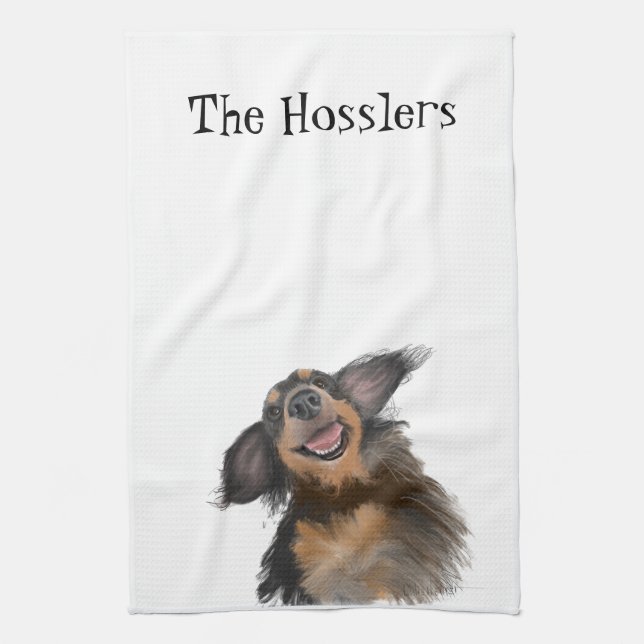 Smiling Long Haired Dachshund Original Art Tea Towel (Vertical)