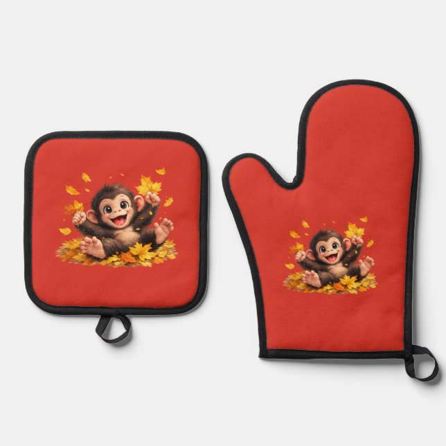Smiling Monkey with Big Eyes Playful Tropical  Oven Mitt & Pot Holder Set (Front)