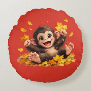 Smiling Monkey with Big Eyes Playful Tropical Round Cushion