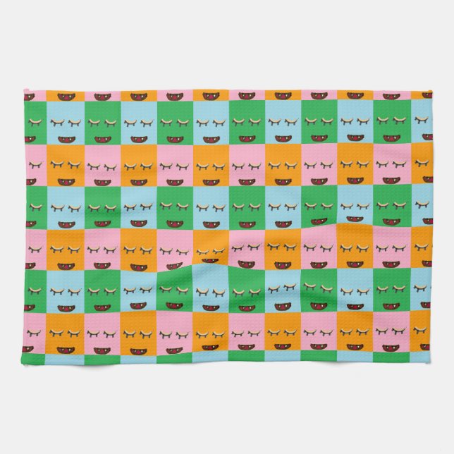 Smiling monster block faces tea towel (Horizontal)