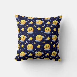 Smiling Moon and Stars with Clouds on Night Sky Cushion