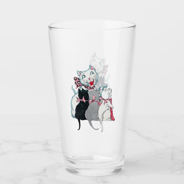 Smiling Mother Cat Sitting With Three Kittens Bows Glass (Front)