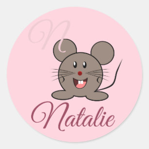 Smiling mouse - in Pastel pink monogrammed Classic Round Sticker