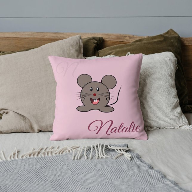 Smiling  mouse - in Pastel pink  monogrammed Cushion (Creator Uploaded)