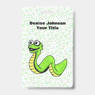 Smiling Neon Green Snake big Eyes Polka Dots ID Badge