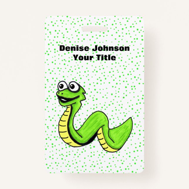 Smiling Neon Green Snake big Eyes Polka Dots ID Badge (Front)