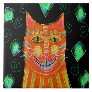 Smiling Orange Cat Abstract Painting Ceramic Tile