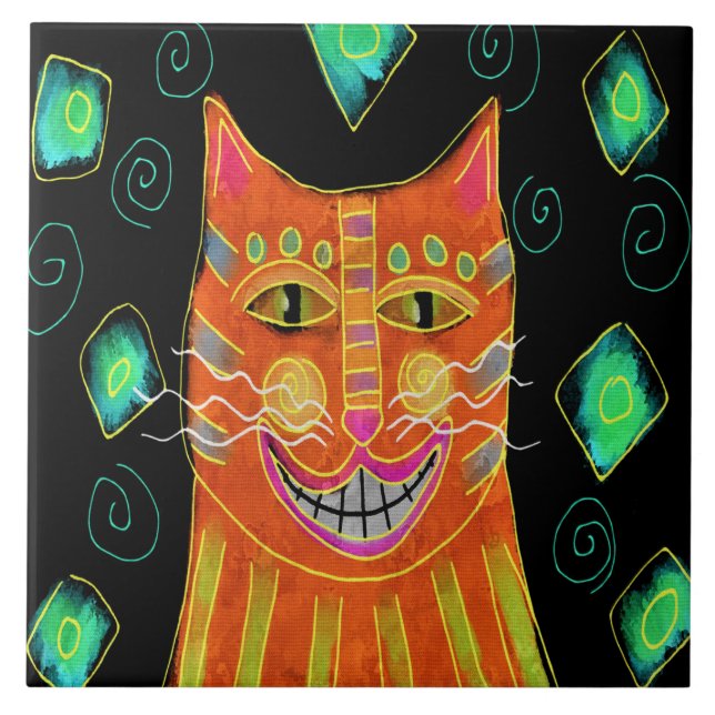 Smiling Orange Cat Abstract Painting Ceramic Tile (Front)