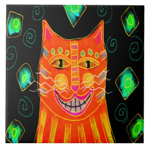 Smiling Orange Cat Digital Painting Ceramic Tile