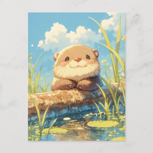 Smiling Otter on Sunny River Log Postcard (Front)