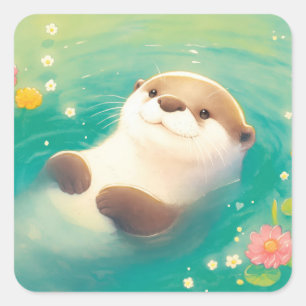 Smiling Otter Sticker Floating in a Floral Pond