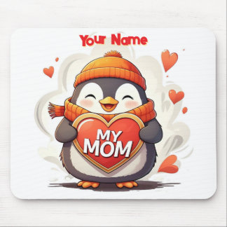 Smiling Penguin holding heart sign MY MOM Mouse Pad