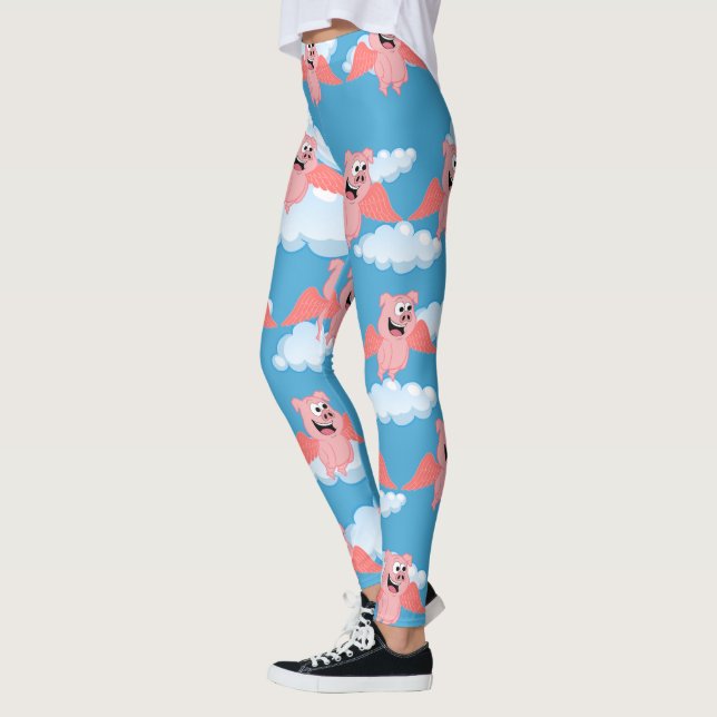 Smiling Pig Pink Wings Flying Animal Funny Cartoon Leggings (Left)